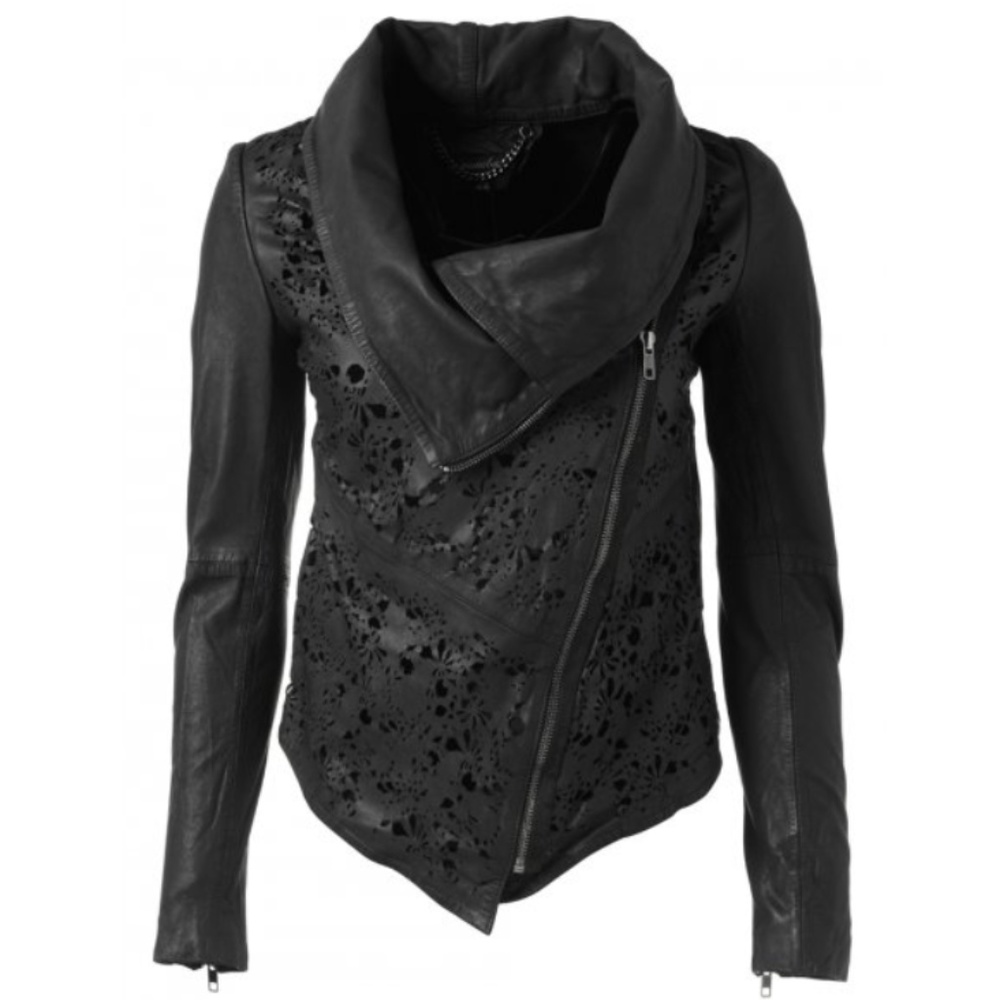 Muubaa Black Leather Laser-Cut Asymmetric Jacket